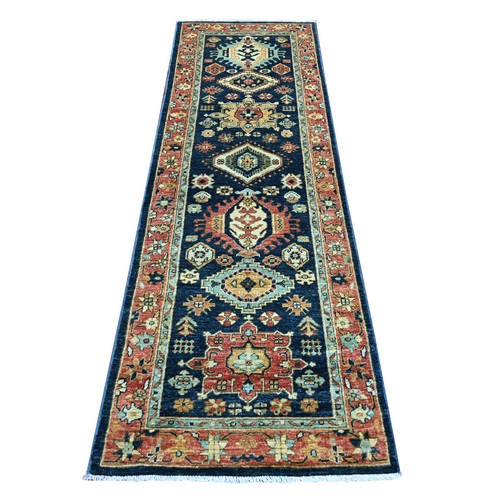 Yale Blue, Aryana Grade, Peshawar with Karajeh Design, Vegetable Dyes, High Mountain Wool, Hand Knotted, Runner, Oriental 