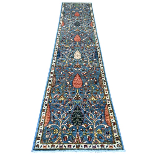Aegean Blue, Ethnic Tribal Cypress Tree Design, Aryana Collection, Hand Knotted, High Mountain Wool, Soft Pile, Vegetable Dyes, Densely Woven, Runner, Oriental 