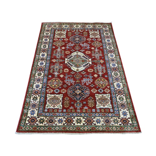 Ruby Red, Afghan Super Kazak with Geometric Medallions Design, Hand Knotted, Pure Wool, Vegetable Dyes, Oriental 