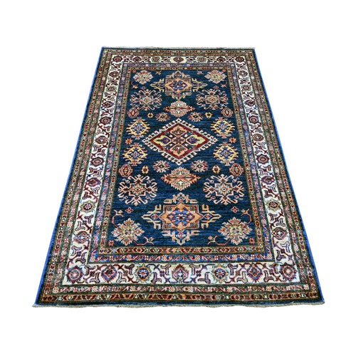 Navy Blue, Hand Knotted, Afghan Super Kazak with Geometric Medallions Design, Pure Wool, Vegetable Dyes, Oriental 