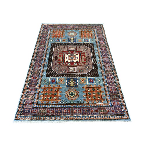 Stone Blue, Afghan Super Kazak with Geometric Medallion Design, Hand Knotted, Soft Wool, Vegetable Dyes, Oriental 