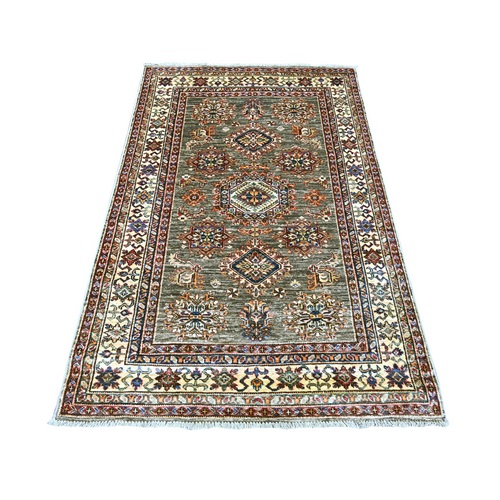 Ash Gray, Afghan Super Kazak with Tribal Medallions Design, Hand Knotted, 100% Wool, Vegetable Dyes, Oriental 