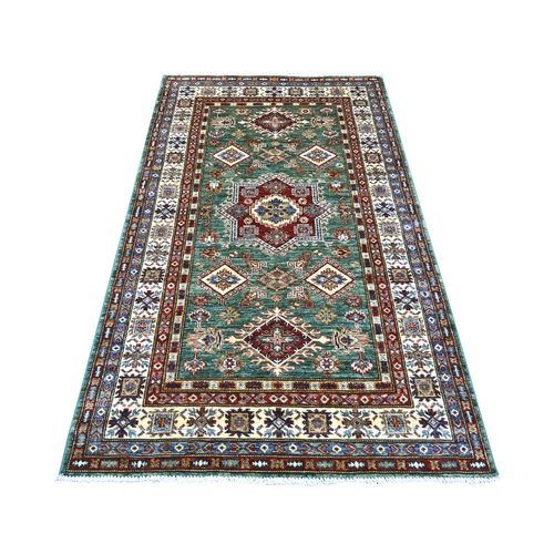 Bottle Green, Afghan Super Kazak with Star Medallion Design, Hand Knotted, Pure Wool, Vegetable Dyes, Oriental 