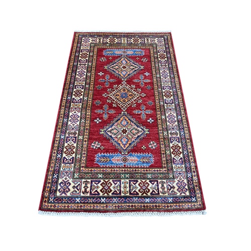Ruby Red, Afghan Super Kazak with Geometric Medallions Design, Hand Knotted, Pure Wool, Vegetable Dyes, Oriental 