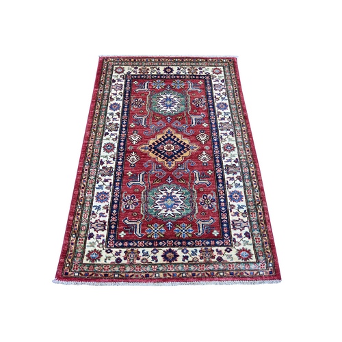 Lychee Red, Afghan Super Kazak with Geometric Medallions Design, Hand Knotted, Pure Wool, Vegetable Dyes, Oriental 