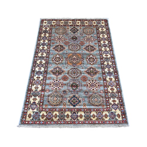 Misty Gray, Afghan Super Kazak with Geometric Medallions Design, Hand Knotted, Pure Wool, Vegetable Dyes, Oriental 