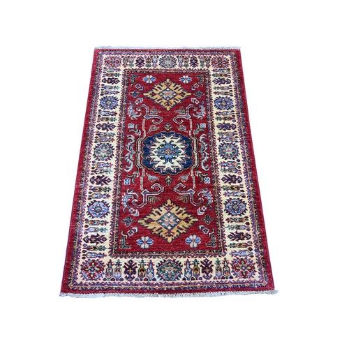Crimson Red, Afghan Super Kazak with Tribal Medallions Design, Hand Knotted, Pure Wool, Vegetable Dyes, Mat, Sample, Oriental 
