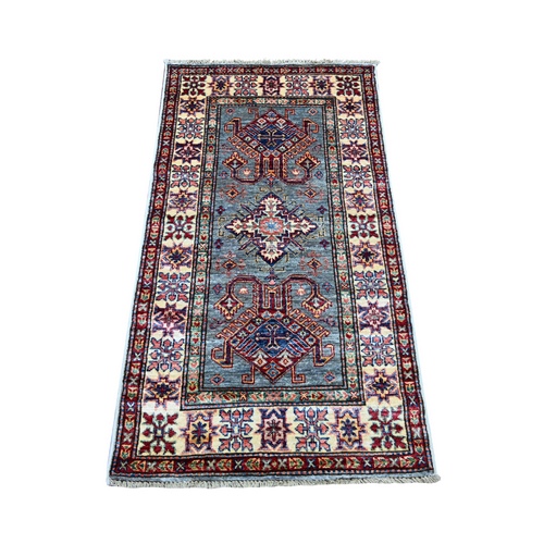 Misty Gray, Afghan Super Kazak with Tribal Medallions Design, Hand Knotted, Pure Wool, Vegetable Dyes, Short Runner, Oriental 