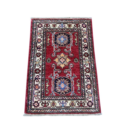 Crimson Red, Afghan Super Kazak with Tribal Medallions Design, Hand Knotted, Pure Wool, Vegetable Dyes, Mat, Sample, Oriental 