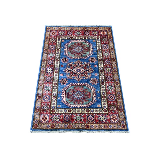 Bayern Blue, Afghan Super Kazak with Tribal Medallions Design, Hand Knotted, Pure Wool, Vegetable Dyes, Mat, Sample, Oriental 