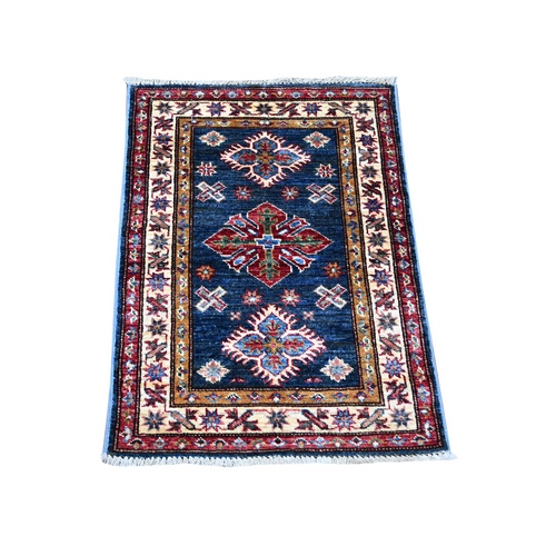 Yale Blue, Afghan Super Kazak with Tribal Medallions Design, Hand Knotted, Pure Wool, Vegetable Dyes, Mat, Sample, Oriental 