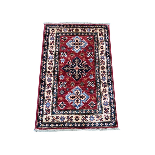 Ruby Red, Afghan Super Kazak with Tribal Medallions Design, Hand Knotted, Pure Wool, Vegetable Dyes, Mat, Sample, Oriental 