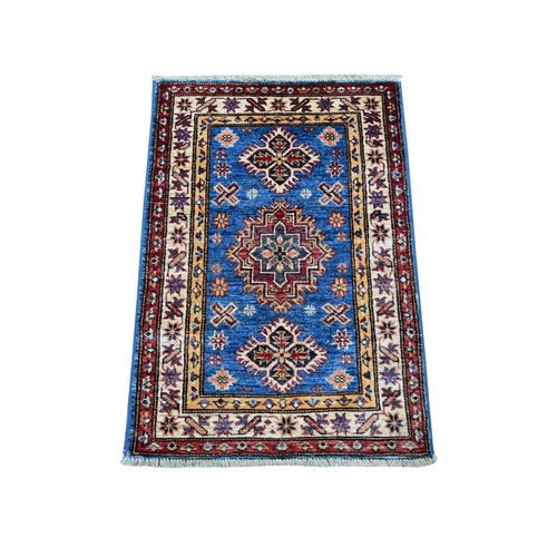 Bayern Blue, Afghan Super Kazak with Geometric Medallions Design, Hand Knotted, Pure Wool, Vegetable Dyes, Mat, Sample, Oriental 