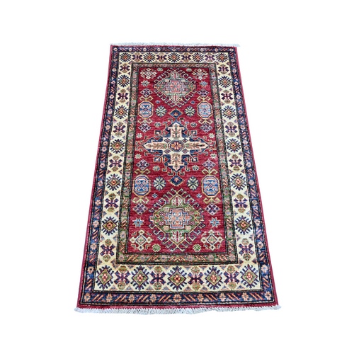 Lychee Red, Afghan Super Kazak with Tribal Medallions Design, Hand Knotted, Pure Wool, Vegetable Dyes, Short Runner, Oriental 