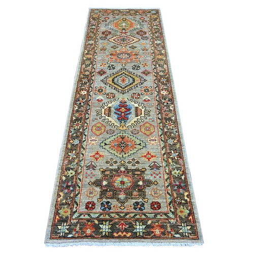 Cloud Gray, Aryana Grade, Peshawar with Karajeh Design, Vegetable Dyes, High Mountain Wool, Hand Knotted, Runner, Oriental 