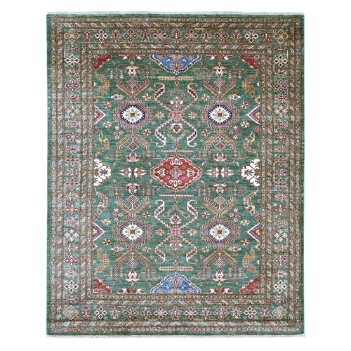 Basil Green, Afghan Super Kazak with All Over Design, Hand Knotted, Pure Wool, Vegetable Dyes, Oriental 