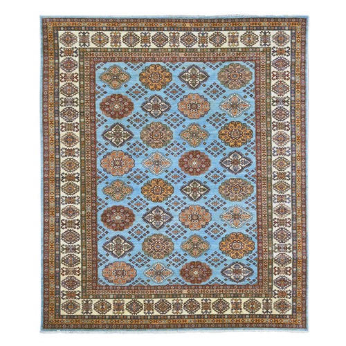 Cerulean Blue, Afghan Super Kazak with Geometric Medallions Design, Hand Knotted, Pure Wool, Vegetable Dyes, Oriental 