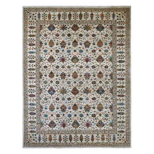 Oyster White, Afghan Sultani with Pomegranate Design, Denser Weave, Vegetable Dyes, Hand Knotted, Soft Wool, Oriental 