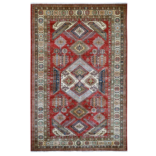 Lychee Red, Afghan Super Kazak with Geometric Design, Hand Knotted, Soft and Shiny Wool, Vegetable Dyes, Oriental 