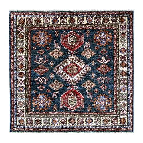 Yale Blue, Afghan Super Kazak with Geometric Medallion Design, Hand Knotted, Pure Wool, Vegetable Dyes, Square, Oriental 