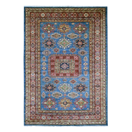 Bayern Blue, Afghan Super Kazak with Geometric Medallion Design, Hand Knotted, Pure Wool, Vegetable Dyes, Oriental 