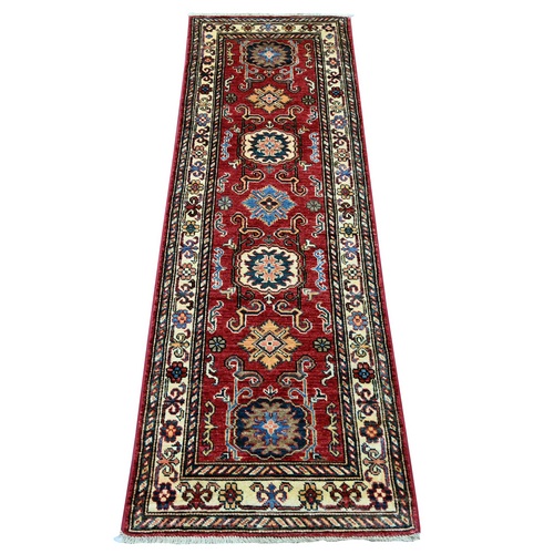Crimson Red, Afghan Super Kazak with Tribal Medallions Design, Hand Knotted, Pure Wool, Vegetable Dyes, Narrow Runner, Oriental 