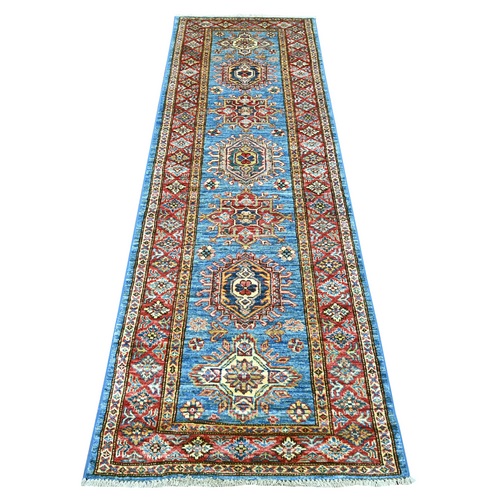 Cerulean Blue, Afghan Super Kazak with Geometric Medallions Design, Hand Knotted, Pure Wool, Vegetable Dyes, Runner, Oriental 