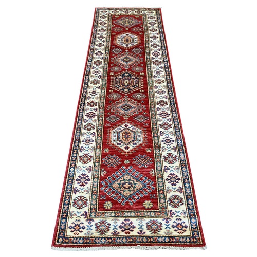 Crimson Red, Afghan Super Kazak with Geometric Medallions Design, Soft and Vibrant Wool, Hand Knotted, Vegetable Dyes, Runner, Oriental 