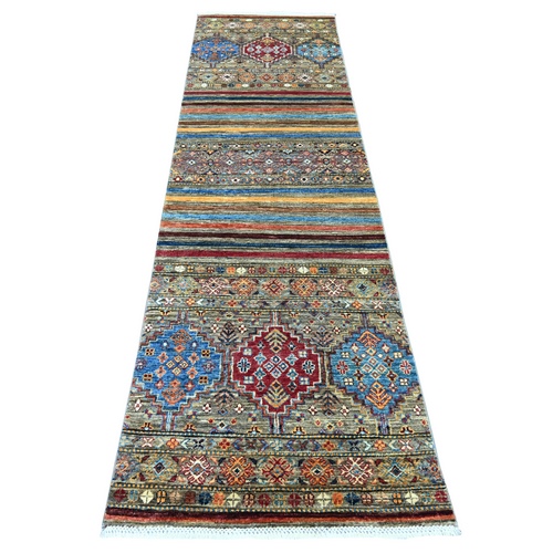 Stone Gray, Afghan Super Kazak with Khorjin Design, Hand Knotted, 100% Wool, Natural Dyes, Runner, Oriental 