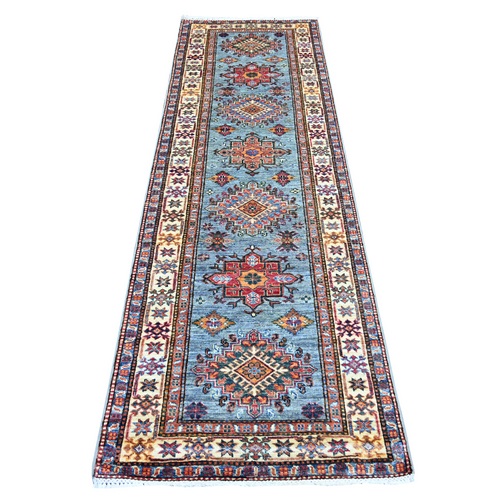 Steel Blue, Afghan Super Kazak with Geometric Medallions Design, Hand Knotted, Soft and Shiny Wool, Vegetable Dyes, Runner, Oriental 