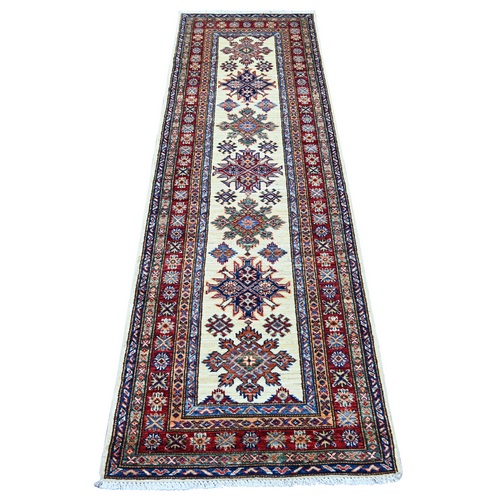 Alabaster White, Afghan Super Kazak with Tribal Medallions Design, Hand Knotted, Pure Wool, Vegetable Dyes, Runner, Oriental 