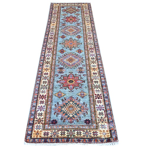 Cerulean Blue, Afghan Super Kazak with Tribal Medallions Design, Hand Knotted, Soft Wool, Vegetable Dyes, Runner, Oriental 