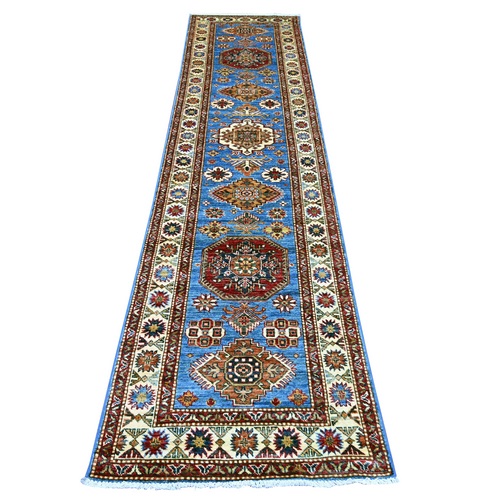 Bayern Blue, Afghan Super Kazak with Geometric Medallions Design, Hand Knotted, Pure Wool, Vegetable Dyes, Runner, Oriental 