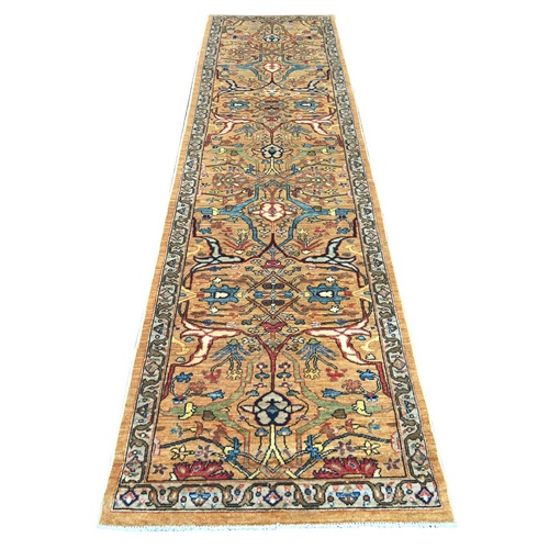 Golden Brown, Peshawar with Bijar Garus Design, Hand Knotted, High Mountain Wool, Aryana Grade, Soft Pile, Vegetable Dyes, Densely Woven, Runner, Oriental 