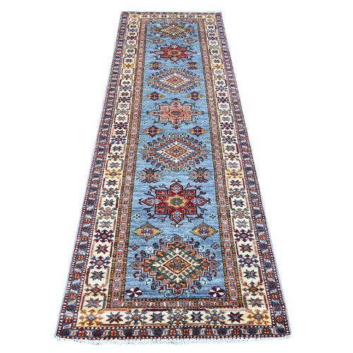 Cerulean Blue, Hand Knotted, Afghan Super Kazak with Geometric Medallions Design, Pure Wool, Vegetable Dyes, Runner, Oriental 