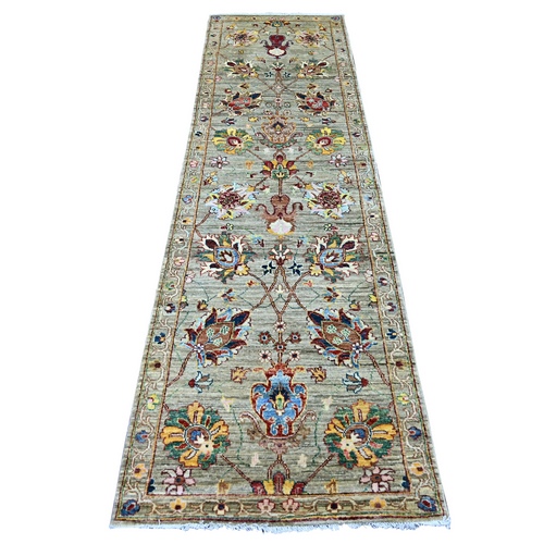 Light Green, Ziegler Mahal All Over Design, Hand Knotted, 100% Wool, Soft Pile, Vegetable Dyes, Densely Woven, Runner, Oriental 