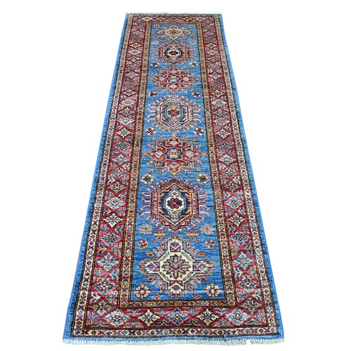 Cerulean Blue, Afghan Super Kazak with Geometric Medallions Design, Hand Knotted, Pure Wool, Vegetable Dyes, Runner, Oriental 