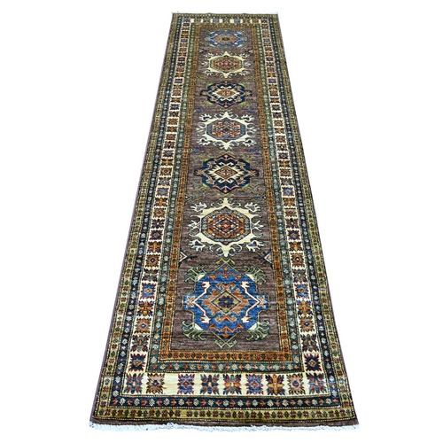 Coffee Brown, Hand Knotted, Afghan Super Kazak with Geometric Medallions Design, Pure Wool, Vegetable Dyes, Runner, Oriental 