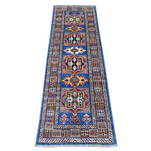 Steel Blue, Afghan Super Kazak with Geometric Medallions Design, Hand Knotted, Pure Wool, Vegetable Dyes, Narrow Runner, Oriental 