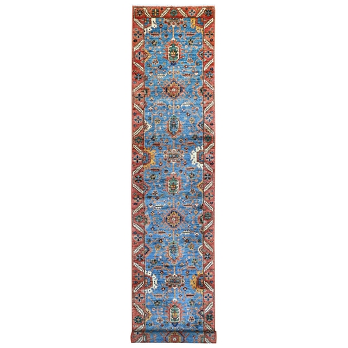 Marlin Blue, Heriz All Over Design, Aryana Collection, High Mountain Wool, Hand Knotted, Soft Pile, Densely Woven, Vegetable Dyes, XL Runner, Oriental 