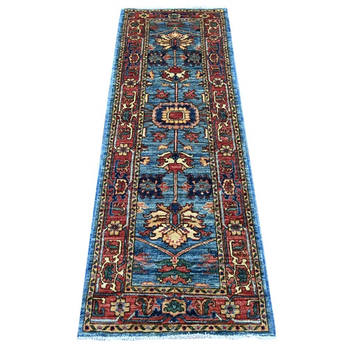 Marlin Blue, Aryana Collection, Heriz Design, Hand Knotted, High Mountain Wool, Soft Pile, Vegetable Dyes, Densely Woven, Narrow Runner, Oriental 