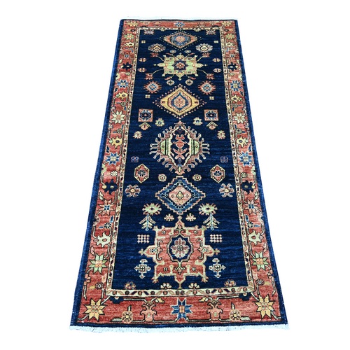 Midnight Blue, Aryana Collection, Peshawar with Karajeh Design, Vegetable Dyes, High Mountain Wool, Hand Knotted, Runner, Oriental 