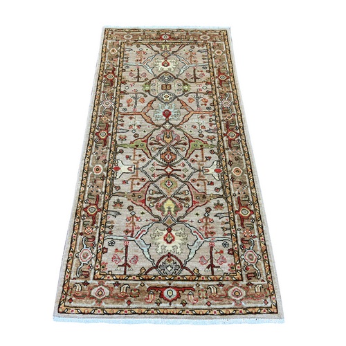 Khaki Brown, Peshawar with Bijar Garus Design, Hand Knotted, High Mountain Wool, Aryana Grade, Soft Pile, Vegetable Dyes, Densely Woven, Runner, Oriental 