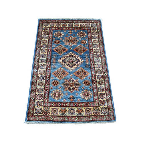 Cerulean Blue, Pure Wool, Afghan Super Kazak with Geometric Medallions Design, Hand Knotted, Vegetable Dyes, Sample, Mat, Oriental 