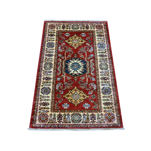 Ruby Red, Vegetable Dyes, Afghan Super Kazak with Geometric Medallions Design, Hand Knotted, Pure Wool, Mat, Sample, Oriental 