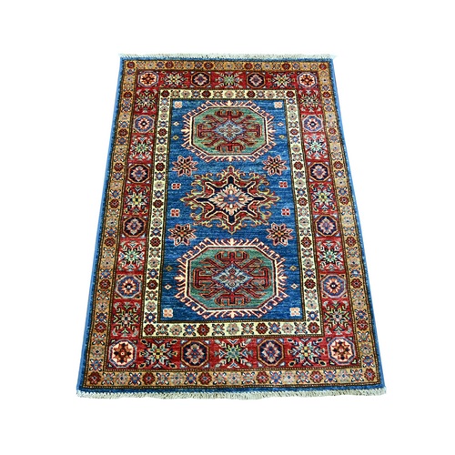 Cerulean Blue, Hand Knotted, Afghan Super Kazak with Geometric Medallions Design, Pure Wool, Vegetable Dyes, Mat, Sample, Oriental 