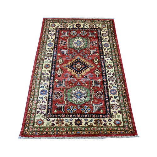 Ruby Red, Pure Wool, Afghan Super Kazak with Geometric Medallions Design, Hand Knotted, Vegetable Dyes, Oriental 