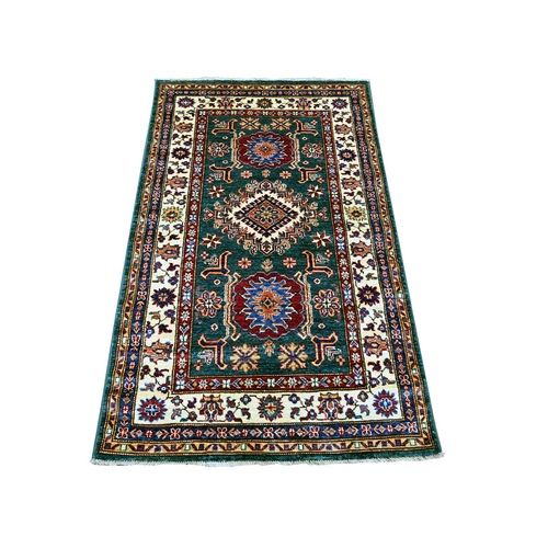 Tropical Rainforest Green, Vegetable Dyes, Afghan Super Kazak with Geometric Medallions Design, Hand Knotted, Pure Wool, Oriental 
