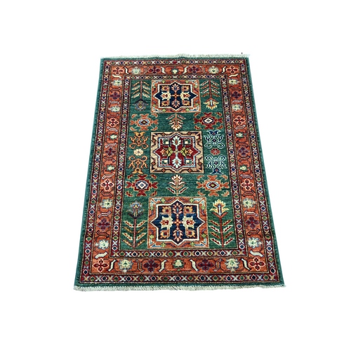 Tropical Rainforest Green, Afghan Super Kazak with Geometric Medallions Design, Hand Knotted, Vegetable Dyes, Pure Wool, Sample, Mat, Oriental 