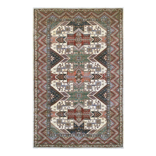 Chiffon White, Afghan Super Kazak with Sherwan Design, Vegetable Dyes, Pure Wool, Hand Knotted, Oriental 